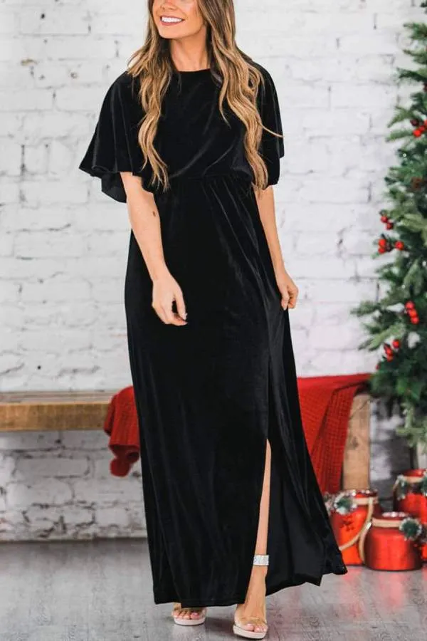 Fashion Velvet Round Neck High Slit Maxi Dresses