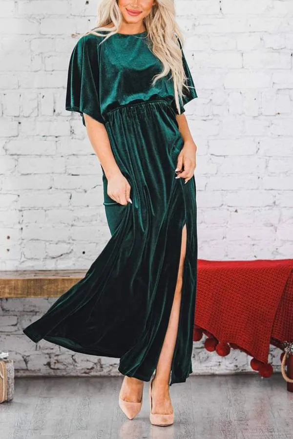 Fashion Velvet Round Neck High Slit Maxi Dresses