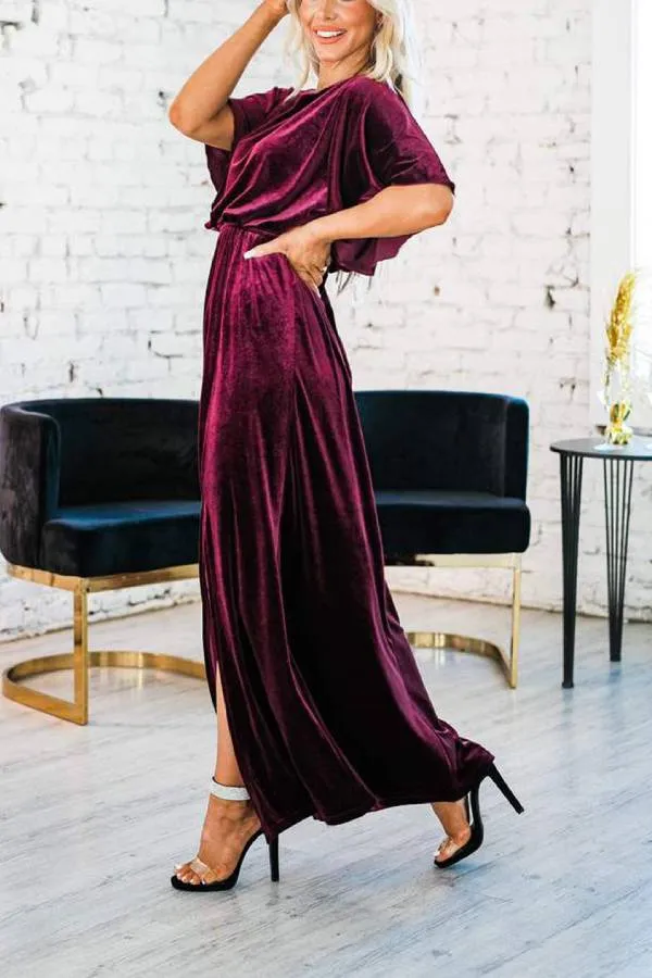 Fashion Velvet Round Neck High Slit Maxi Dresses