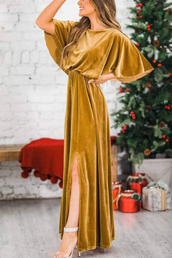 Fashion Velvet Round Neck High Slit Maxi Dresses