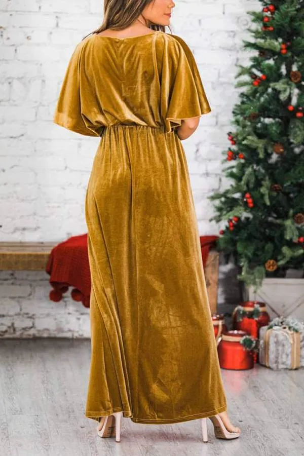 Fashion Velvet Round Neck High Slit Maxi Dresses