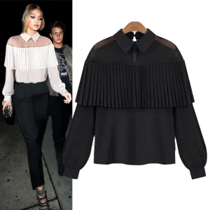 Fashion Women Casual Lace Tops Chiffon Shirts Half Transparent Off Shoulder Long Sleeve Shirt Casual Blouse Loose Shirt