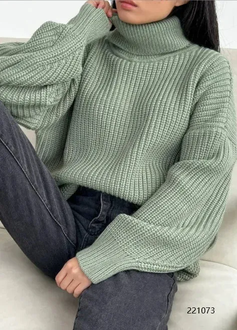 Fashionable Solid Color High Neck Knitted Sweaters