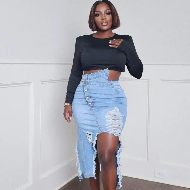 Fierce Fray Button-Up Slit Denim Skirt