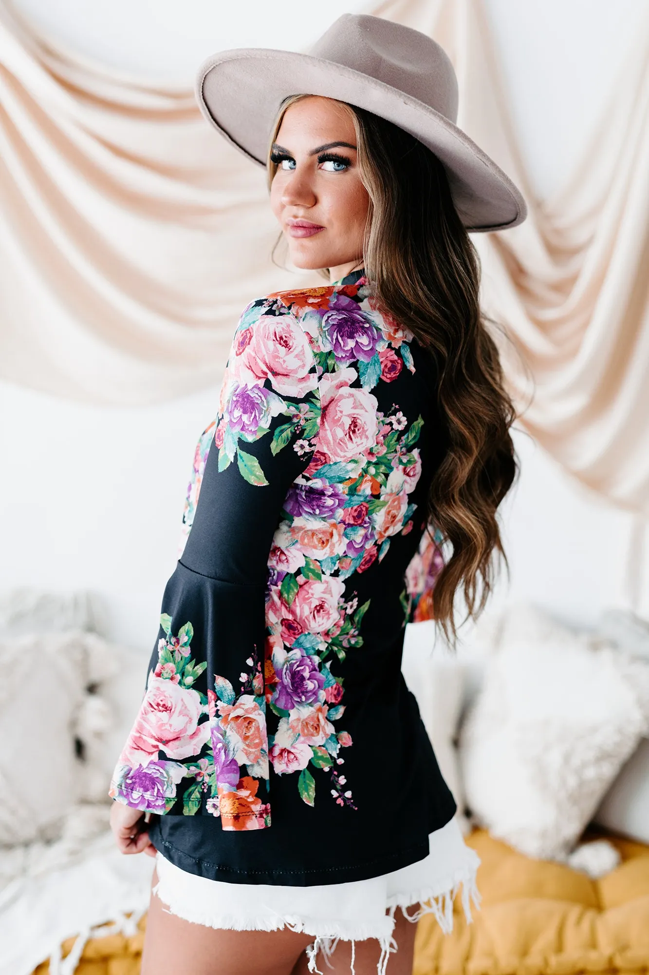 Finally Free Floral Bell Sleeve Top (Black)