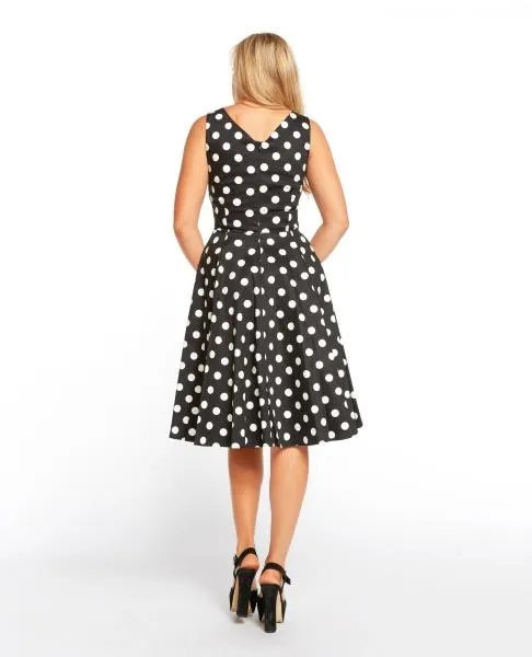 Fit & Flare V-Neck Dot Dress - Black - Size