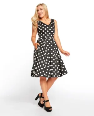 Fit & Flare V-Neck Dot Dress - Black - Size