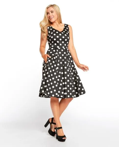 Fit & Flare V-Neck Dot Dress - Black - Size