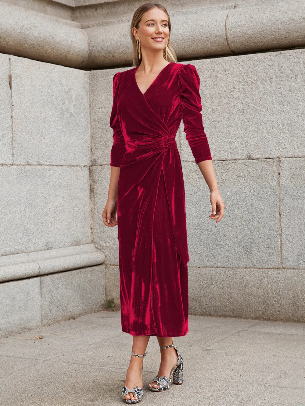 Florence Metallic Velvet Tie Waist Midi Dress - Burgundy