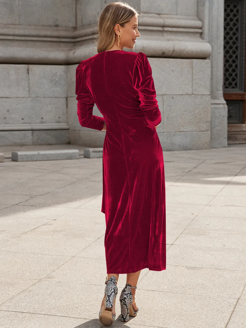 Florence Metallic Velvet Tie Waist Midi Dress - Burgundy