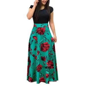 Flower Retro Printed Patchwork Long Maxi Dress