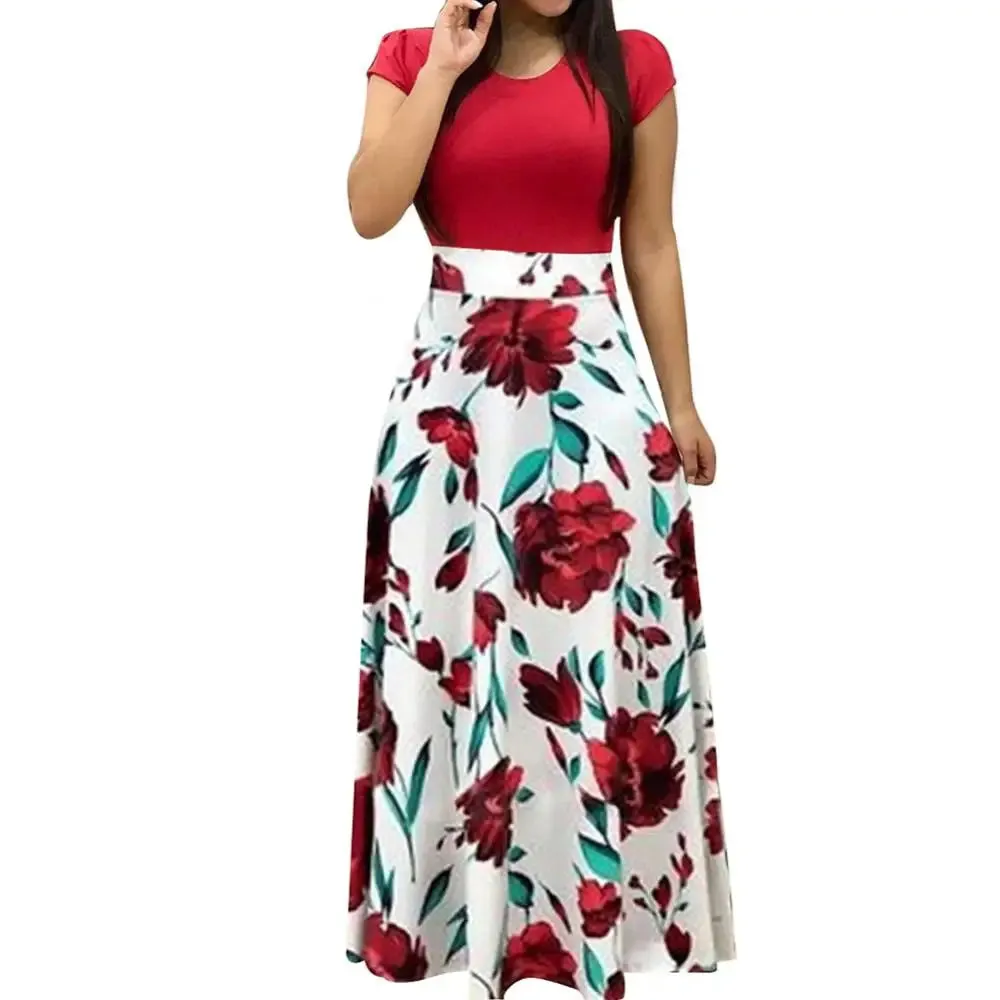 Flower Retro Printed Patchwork Long Maxi Dress