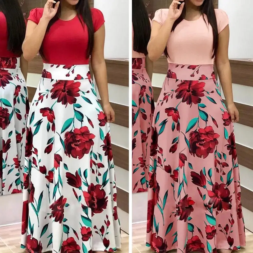 Flower Retro Printed Patchwork Long Maxi Dress