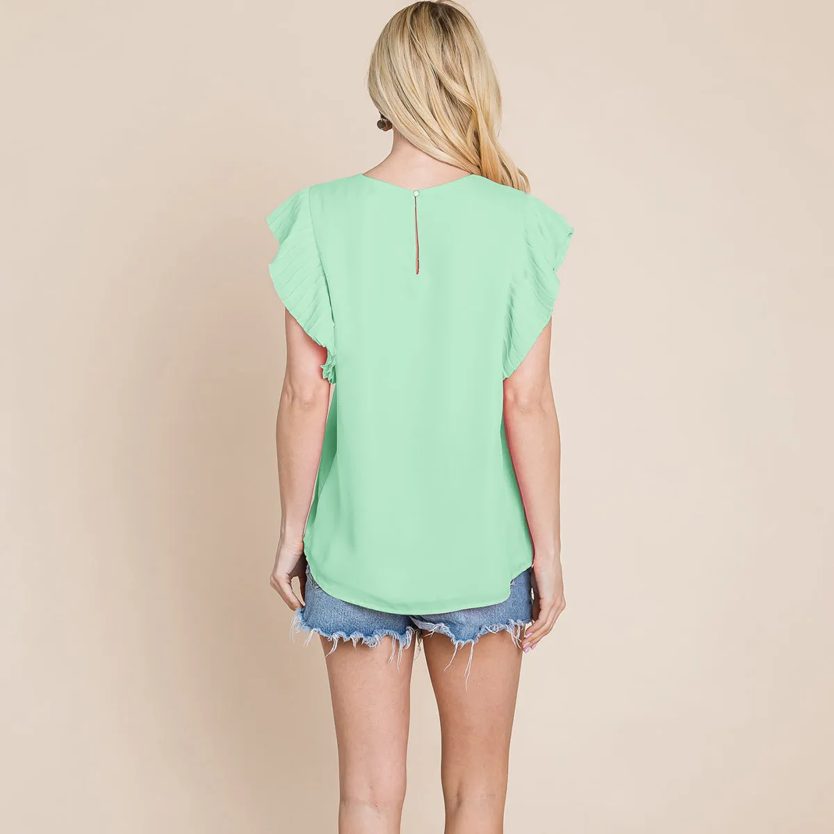 Flutter Sleeve Flowy Buttoned Keyhole Tops Blouse
