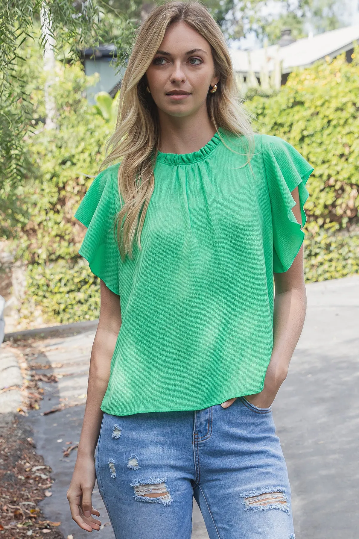 FOLD FRILL NECKLINE BUTTERFLY SLEEVE SOLID TOP