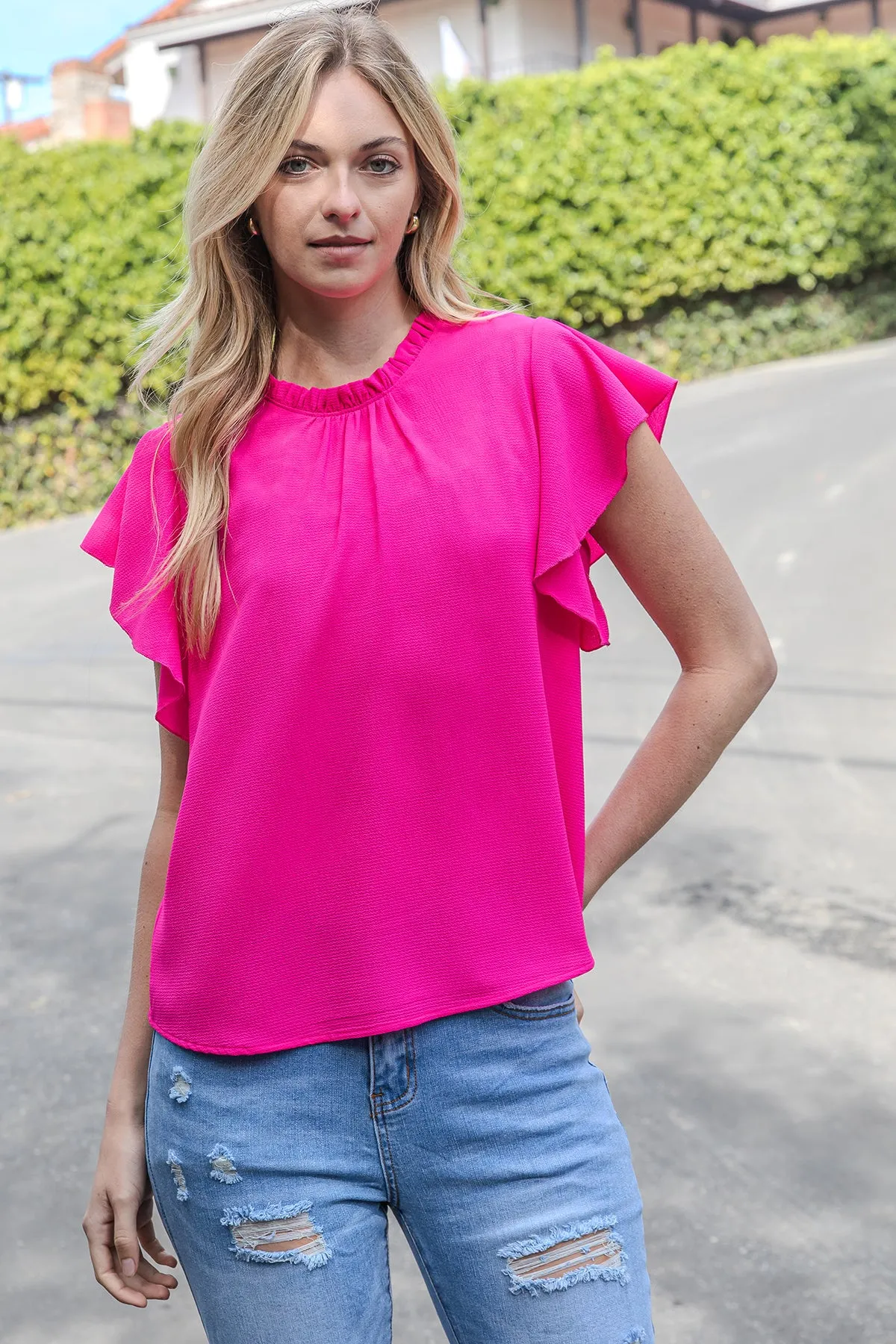 FOLD FRILL NECKLINE BUTTERFLY SLEEVE SOLID TOP