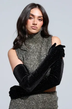 FOR THE PARTY RHINESTONE VELVET GLOVES