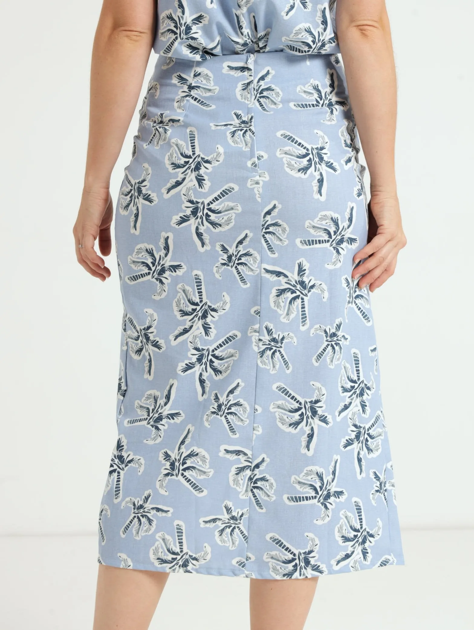 Front Knot Mock Wrap Midi Skirt - White/Blue