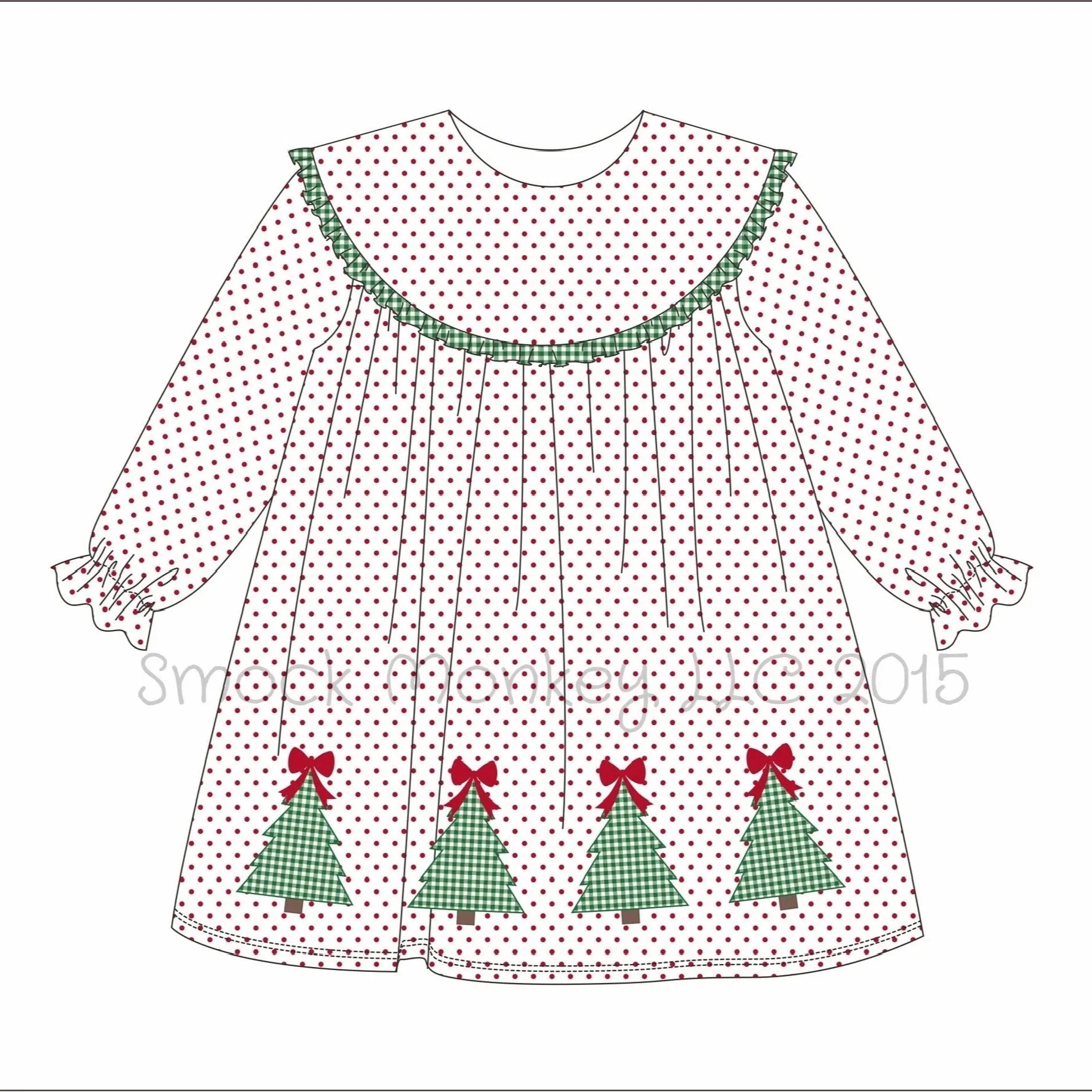 Girl's applique "MERRY ROW OF TREES" red polka round collar long sleeve dress (18m,2t)