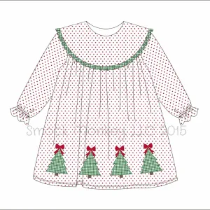 Girl's applique "MERRY ROW OF TREES" red polka round collar long sleeve dress (18m,2t)