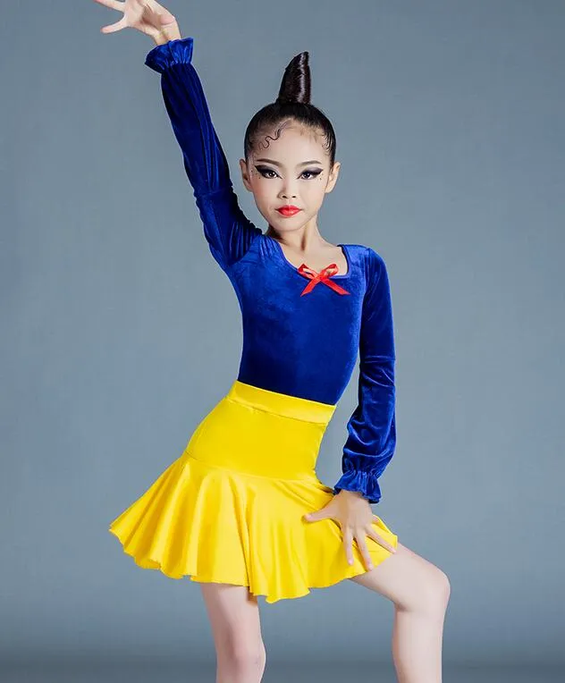 Girls Blue Yellow Velvet Latin Dance Dresses Kids Children Pink Salsa Chacha Rumba Practice Clothes Modern Dance Outfits