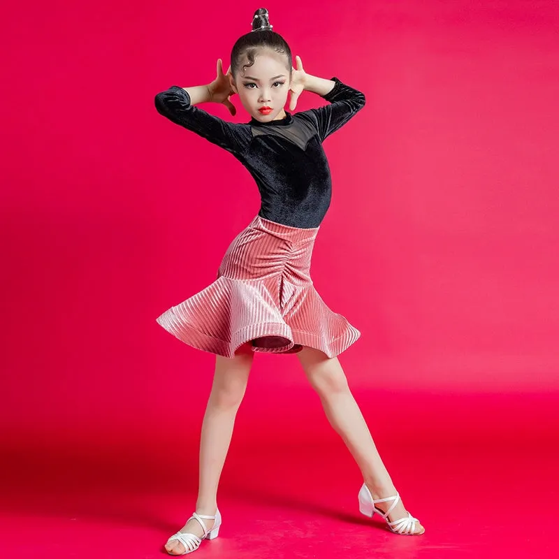 Girls Blue Yellow Velvet Latin Dance Dresses Kids Children Pink Salsa Chacha Rumba Practice Clothes Modern Dance Outfits