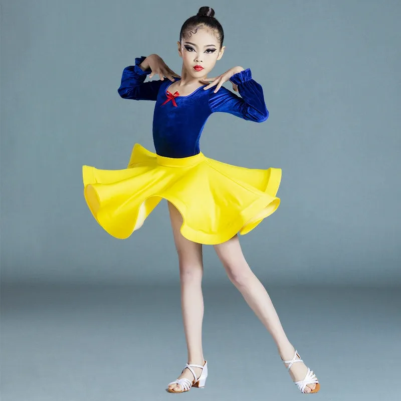 Girls Blue Yellow Velvet Latin Dance Dresses Kids Children Pink Salsa Chacha Rumba Practice Clothes Modern Dance Outfits