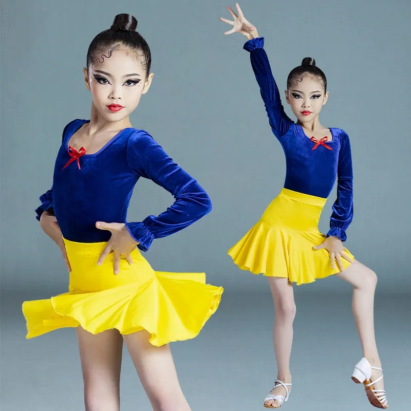 Girls Blue Yellow Velvet Latin Dance Dresses Kids Children Pink Salsa Chacha Rumba Practice Clothes Modern Dance Outfits