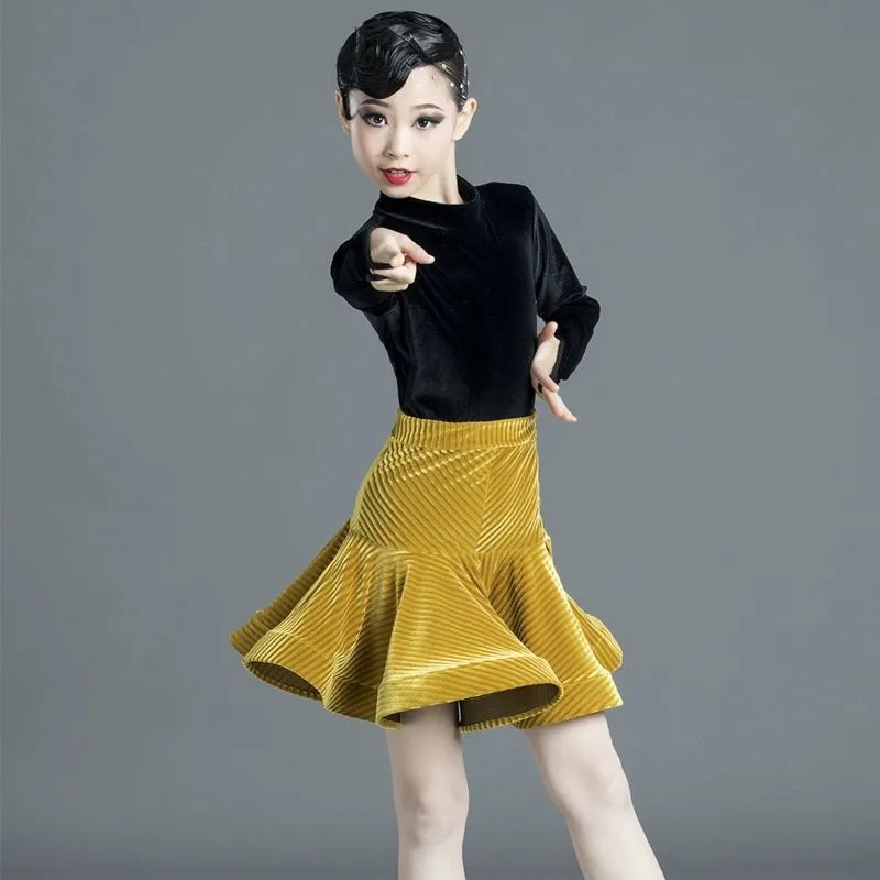 Girls Blue Yellow Velvet Latin Dance Dresses Kids Children Pink Salsa Chacha Rumba Practice Clothes Modern Dance Outfits