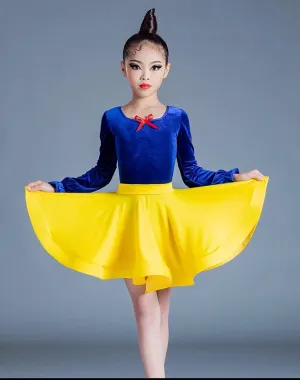 Girls Blue Yellow Velvet Latin Dance Dresses Kids Children Pink Salsa Chacha Rumba Practice Clothes Modern Dance Outfits