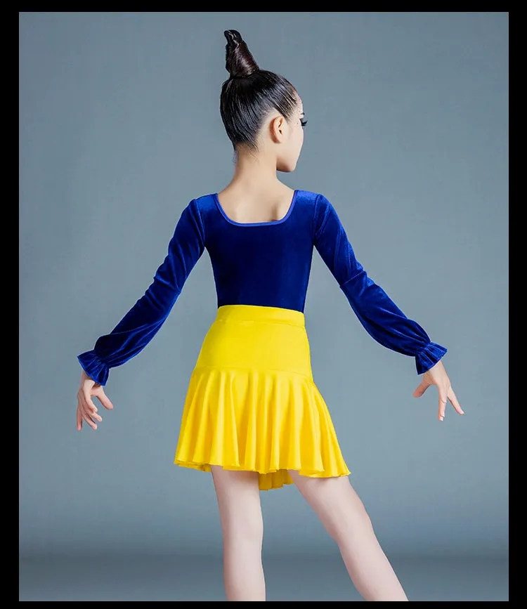 Girls Blue Yellow Velvet Latin Dance Dresses Kids Children Pink Salsa Chacha Rumba Practice Clothes Modern Dance Outfits