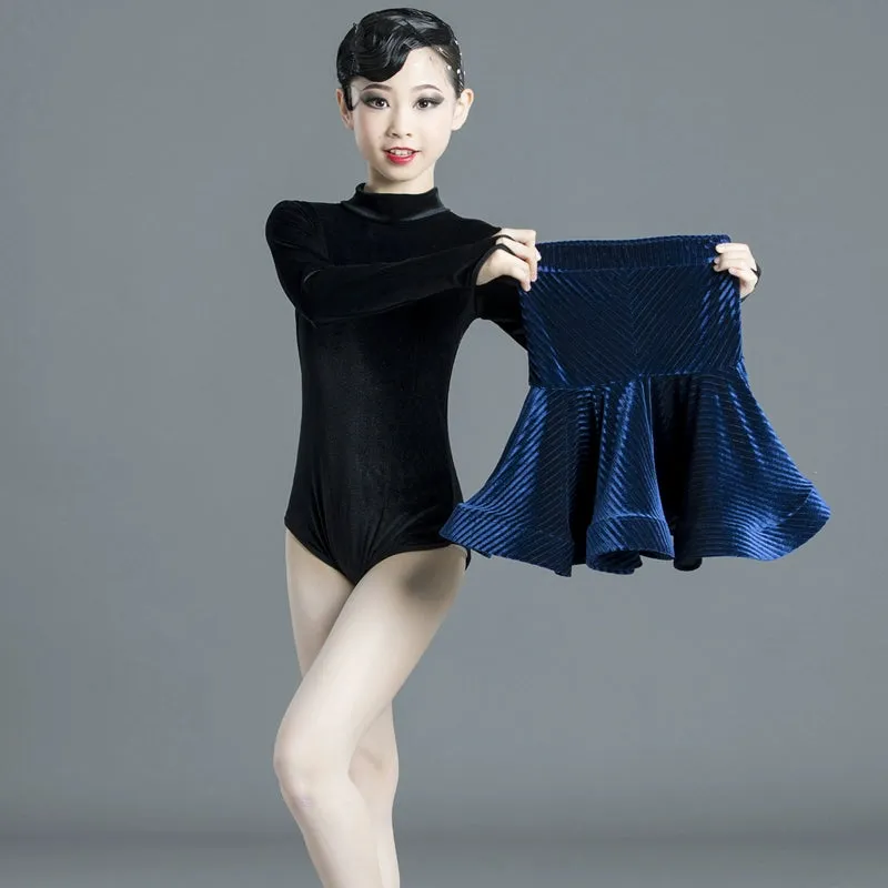 Girls Blue Yellow Velvet Latin Dance Dresses Kids Children Pink Salsa Chacha Rumba Practice Clothes Modern Dance Outfits