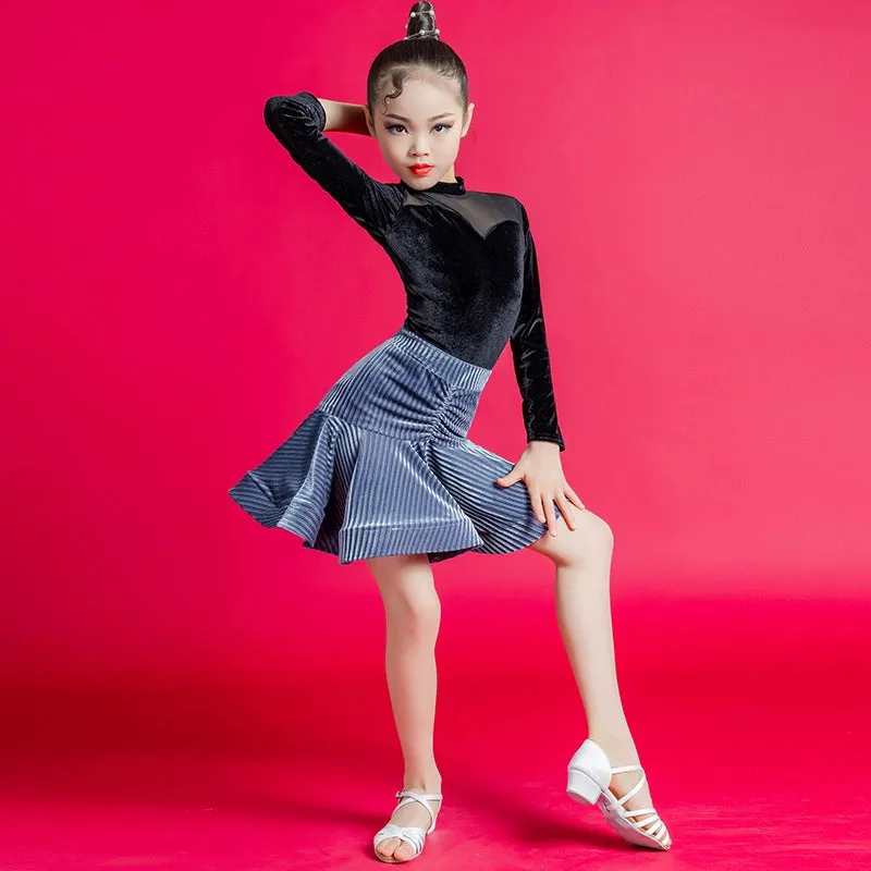 Girls Blue Yellow Velvet Latin Dance Dresses Kids Children Pink Salsa Chacha Rumba Practice Clothes Modern Dance Outfits