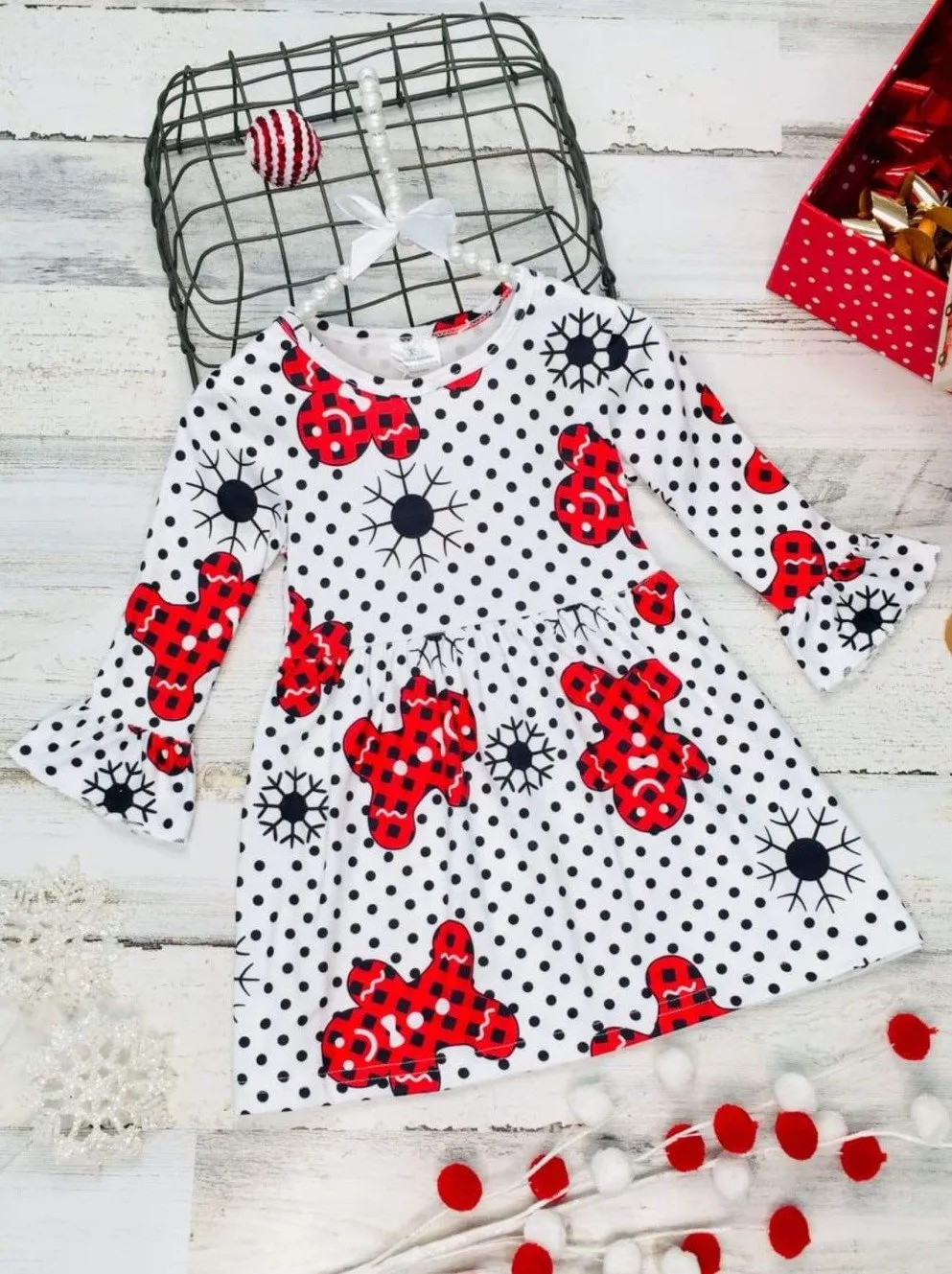Girls Christmas Themed Ruffled Long Sleeve Polka Dot Gingerbread Print Dress