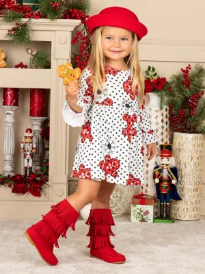 Girls Christmas Themed Ruffled Long Sleeve Polka Dot Gingerbread Print Dress