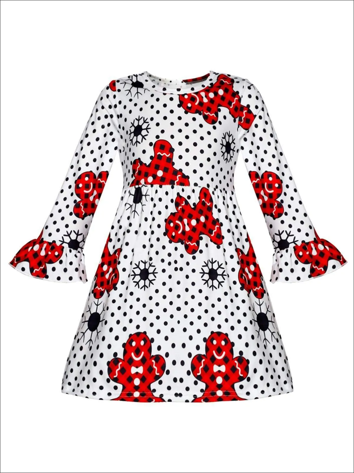Girls Christmas Themed Ruffled Long Sleeve Polka Dot Gingerbread Print Dress