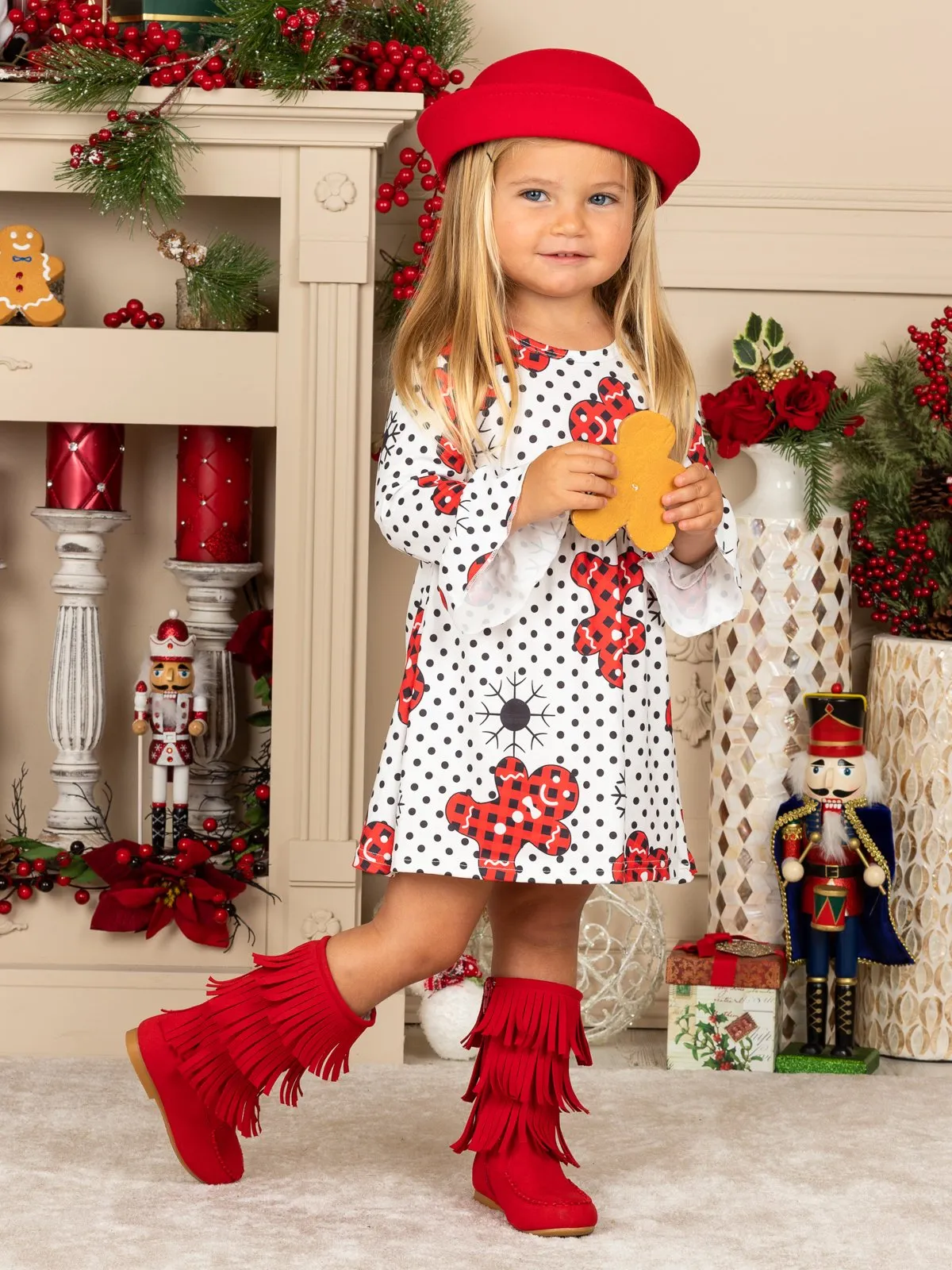Girls Christmas Themed Ruffled Long Sleeve Polka Dot Gingerbread Print Dress