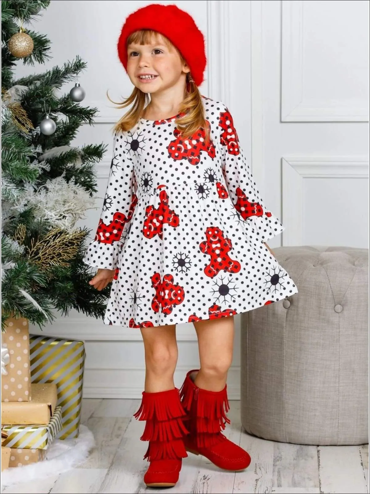 Girls Christmas Themed Ruffled Long Sleeve Polka Dot Gingerbread Print Dress