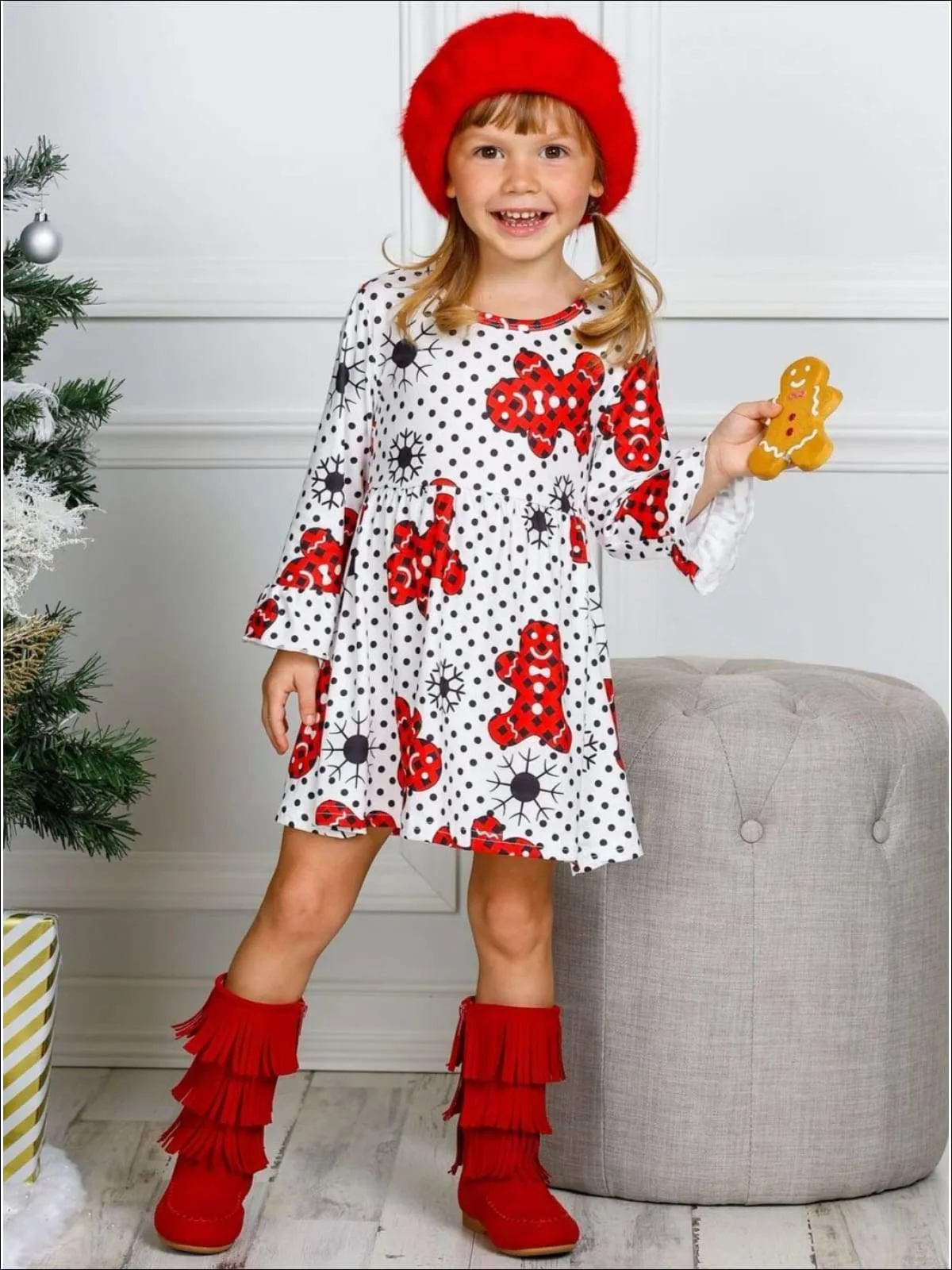Girls Christmas Themed Ruffled Long Sleeve Polka Dot Gingerbread Print Dress