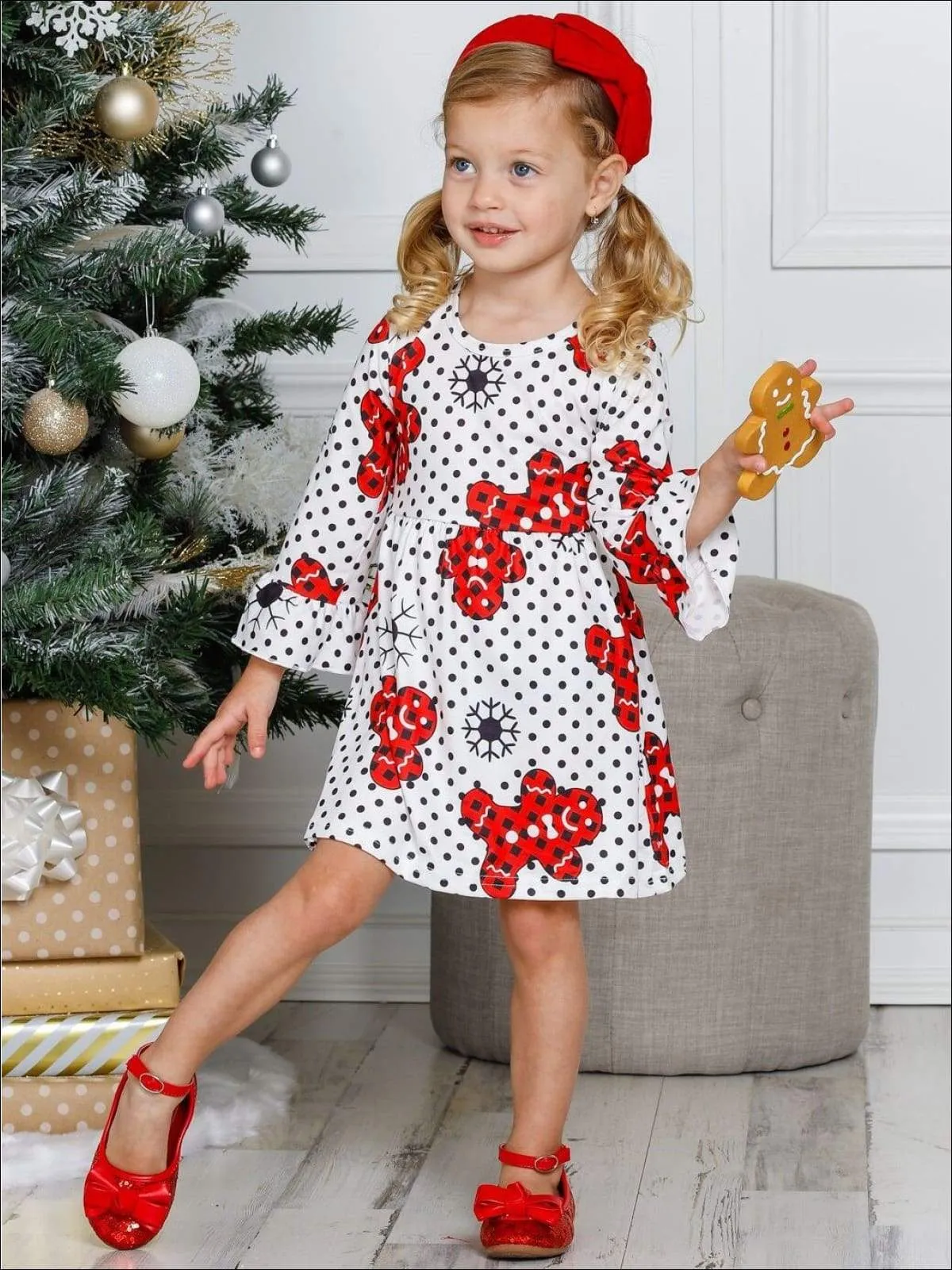 Girls Christmas Themed Ruffled Long Sleeve Polka Dot Gingerbread Print Dress
