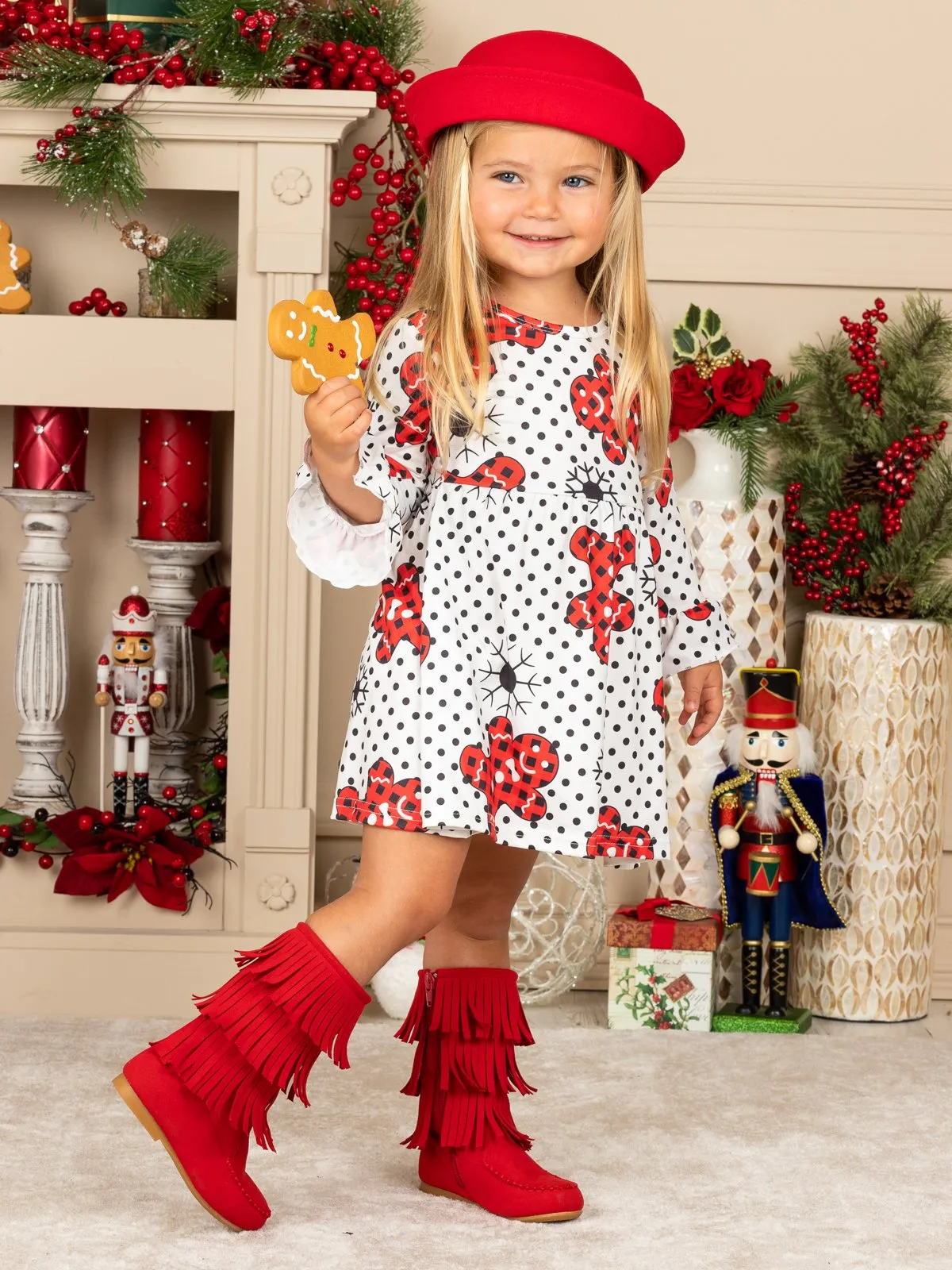 Girls Christmas Themed Ruffled Long Sleeve Polka Dot Gingerbread Print Dress