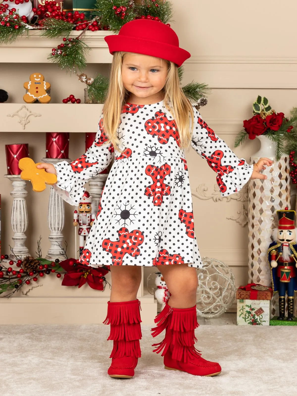 Girls Christmas Themed Ruffled Long Sleeve Polka Dot Gingerbread Print Dress