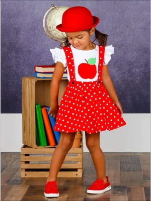 Girls Flutter Sleeve Apple Print Top and Polka Dot Overall Dress Set