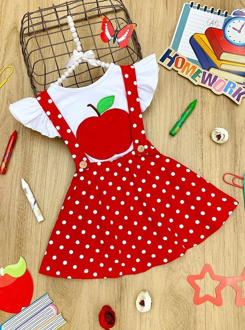 Girls Flutter Sleeve Apple Print Top and Polka Dot Overall Dress Set