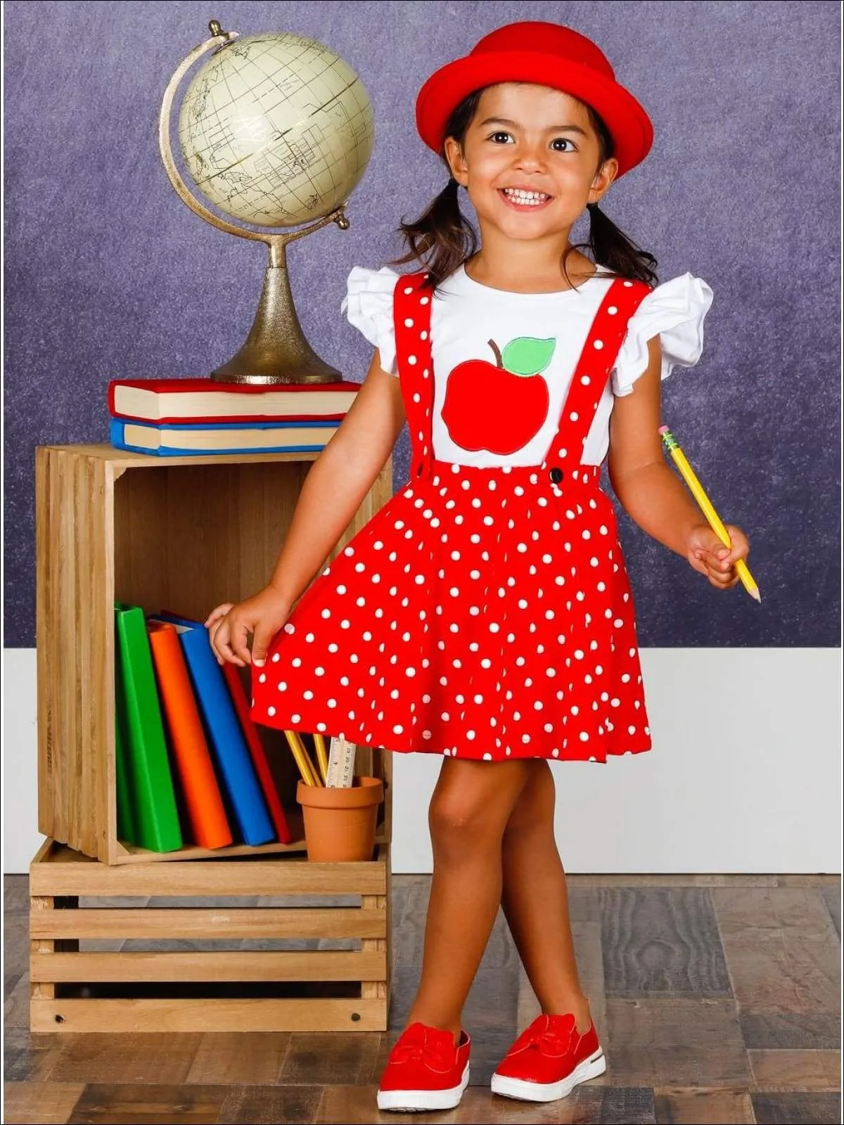 Girls Flutter Sleeve Apple Print Top and Polka Dot Overall Dress Set