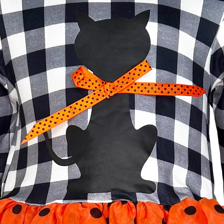 Girls Halloween Dress with Black Cat and Orange & Black Polka Dot Tulle