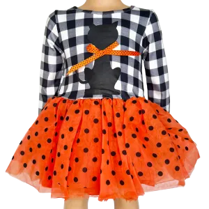 Girls Halloween Dress with Black Cat and Orange & Black Polka Dot Tulle