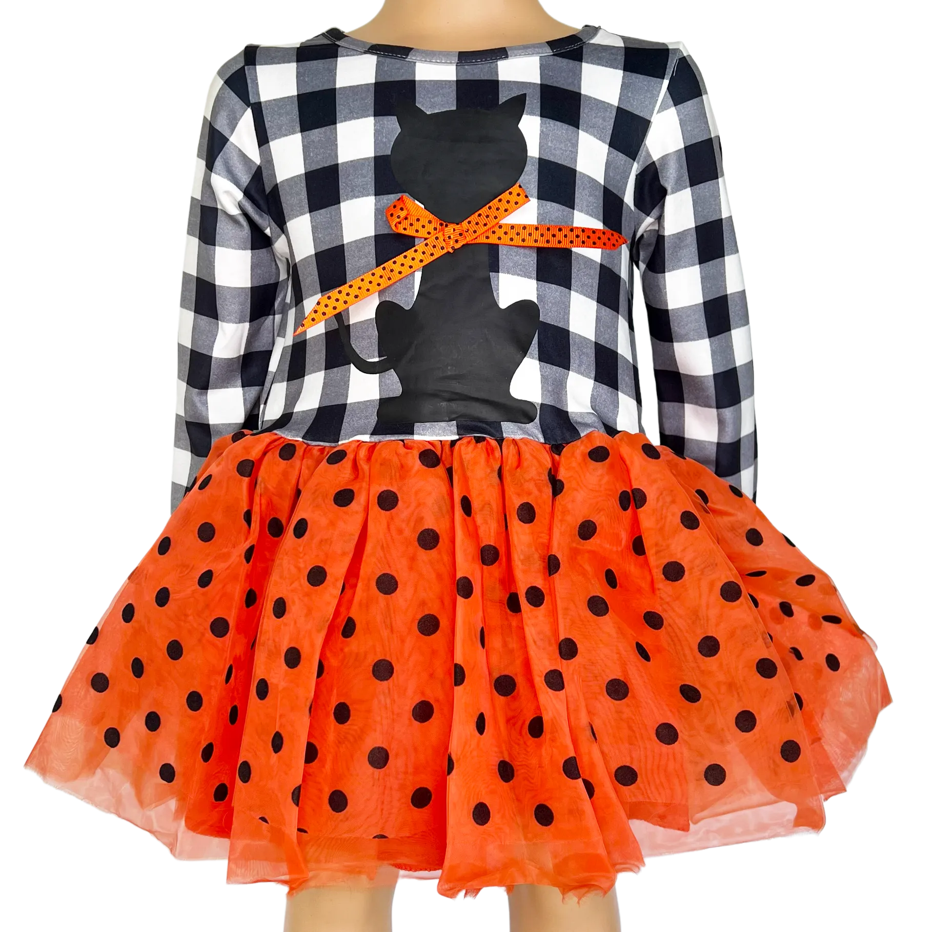 Girls Halloween Dress with Black Cat and Orange & Black Polka Dot Tulle