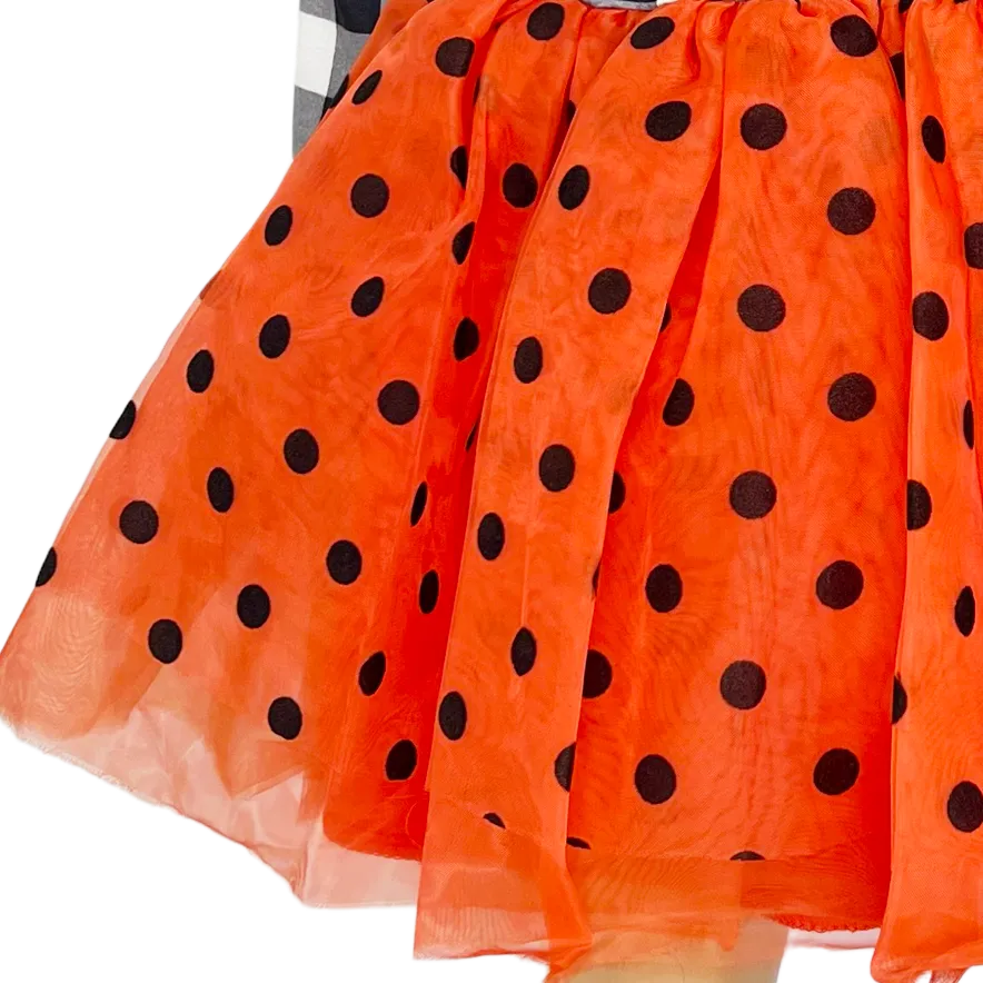 Girls Halloween Dress with Black Cat and Orange & Black Polka Dot Tulle