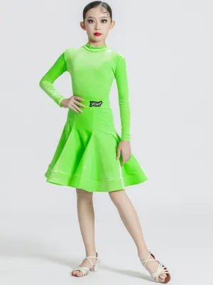 Girls kids Latin dance dresses green pink white black velvet high neck Latin ballroom dance costumes salsa chacha dance outfits